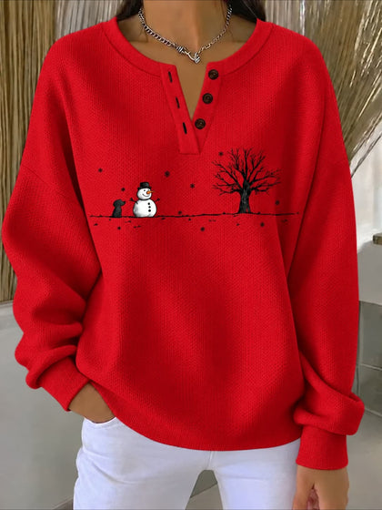 Winter Snowman Puppy Print Crew Neck Button Long Sleeve Top