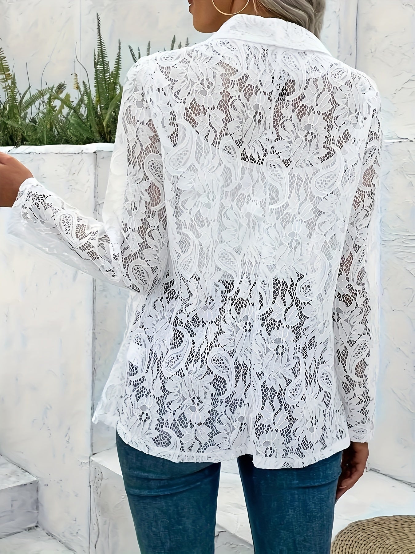 Floral Pattern Open Front Blazer, Elegant Long Sleeve Outerwear