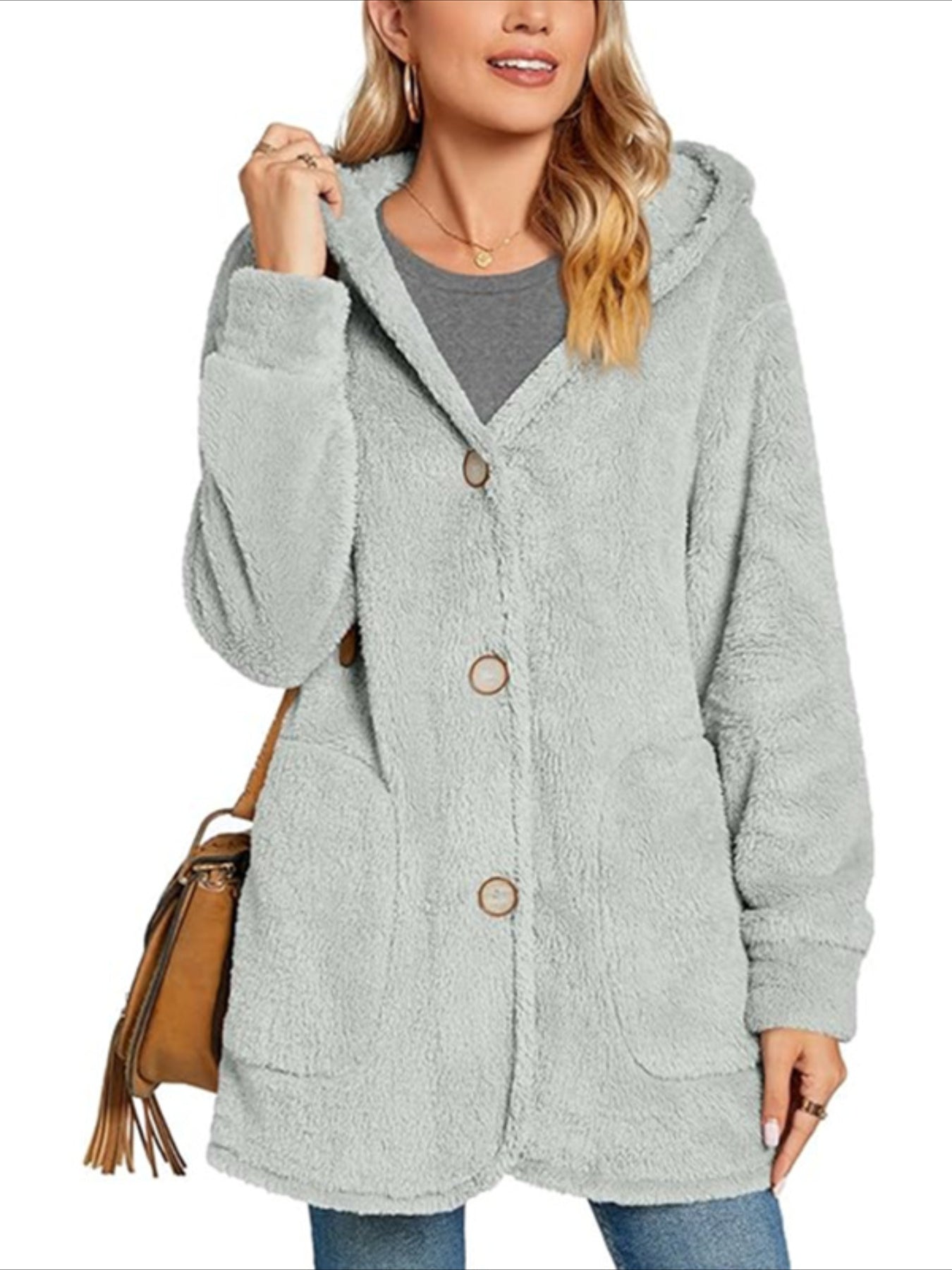 Solid Color Casual style cardigan plush hooded coat