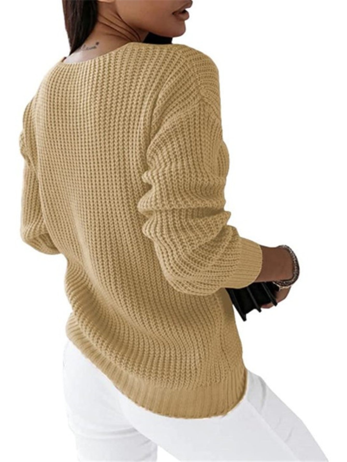 Cable Knit V Neck Sweater, Casual Long Sleeve Sweater