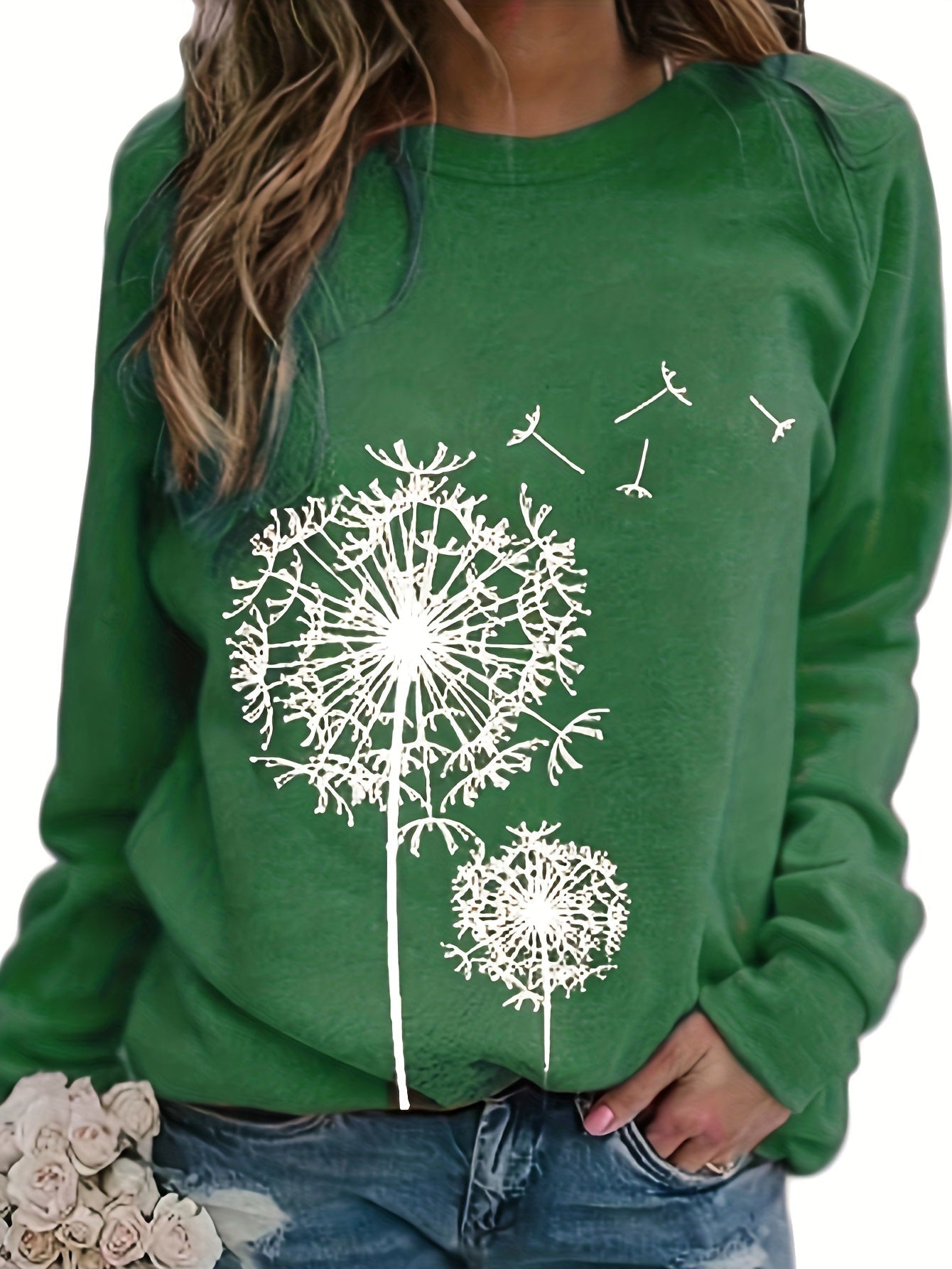 Dandelion Print Crew Neck T-shirt, Casual Loose Long Sleeve T-Shirts Tops