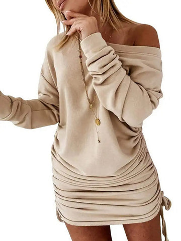 Solid Drawstring Pullover Sweatshirt Dress, Casual Ruched Long Sleeve Sweatshirt Dress