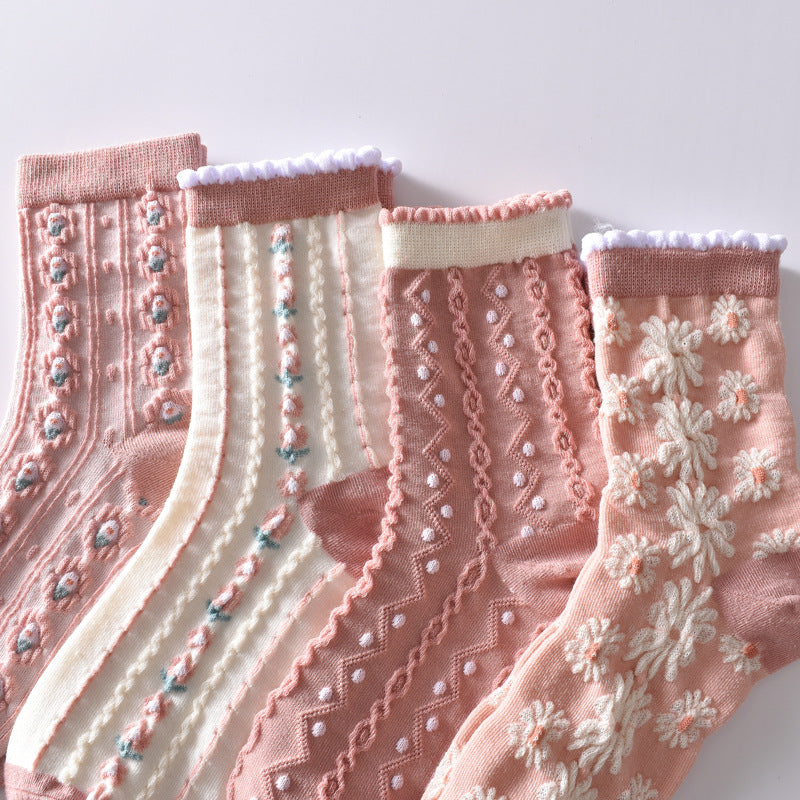 6 Pairs Flower Bubble Cable Crew Socks, Lightweight & Comfy Mid-tube Socks