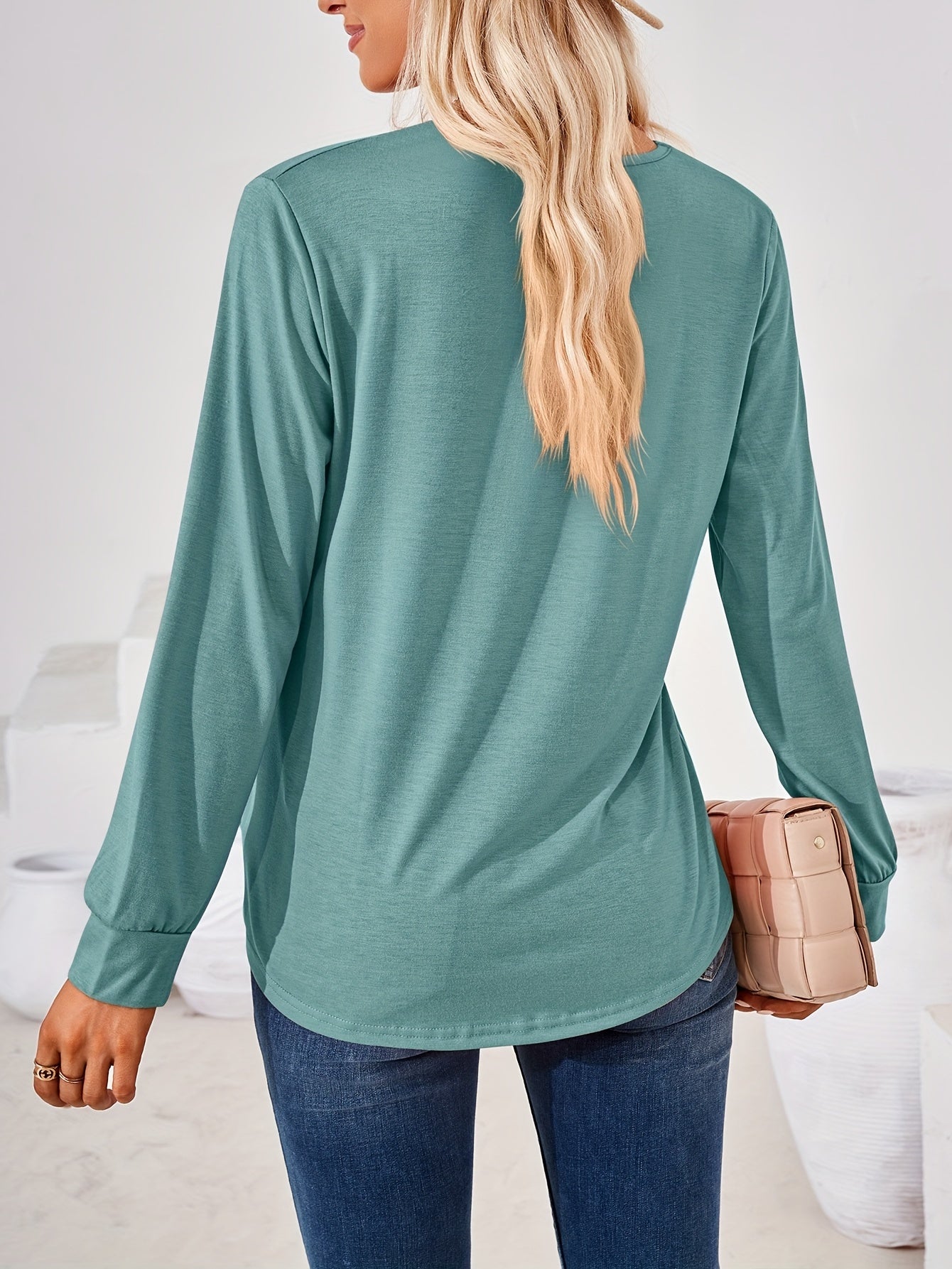 Solid Square Long Sleeve T-Shirt, Casual T-Shirt