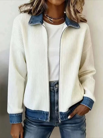Zip-Up Corduroy Jacket with Denim-Look Trim