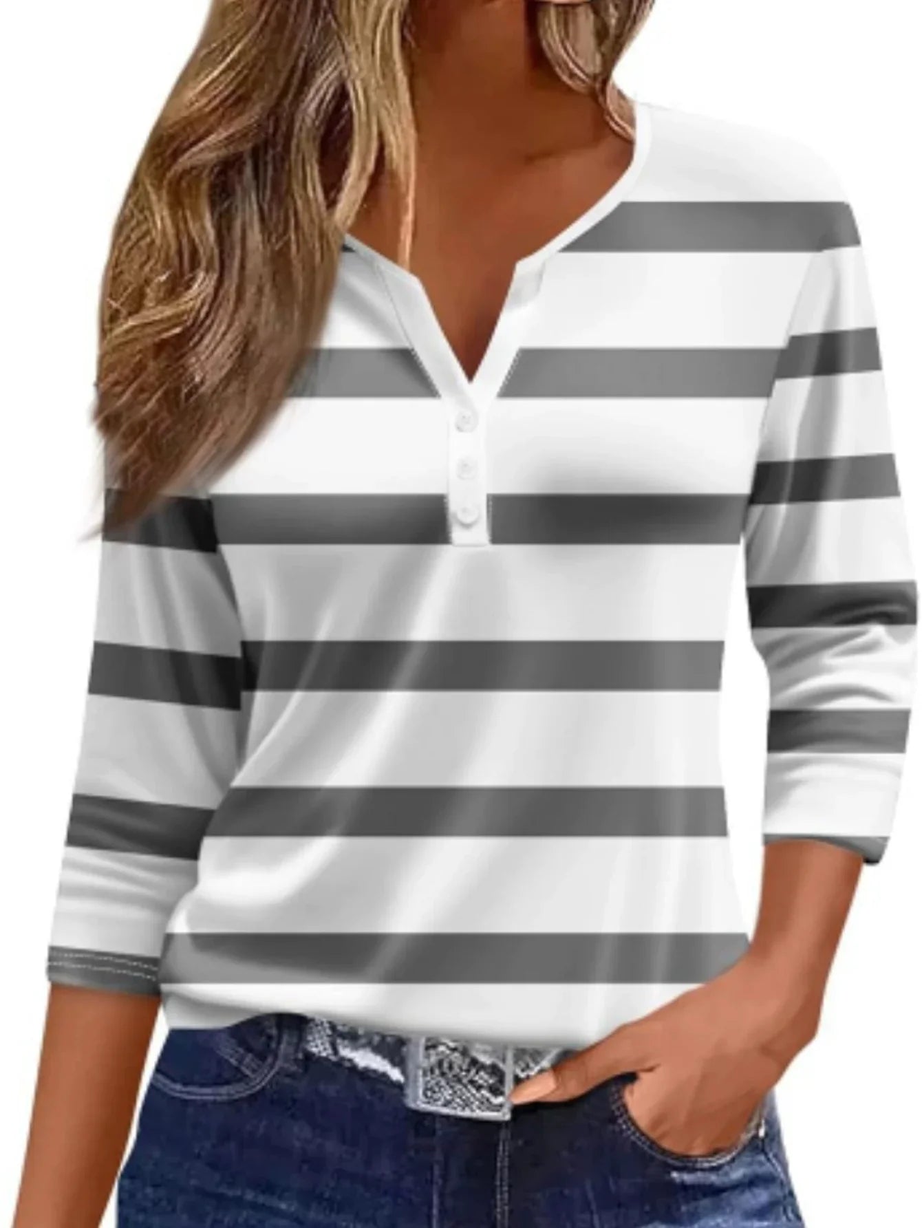 Women's V-Neck Striped T-Shirt - Soft Knit Polyester, Three Quarter Sleeve