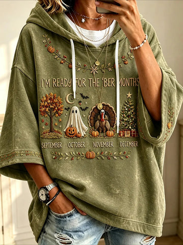 Casual Maple Leaf Printing Half Sleeve Hoodie