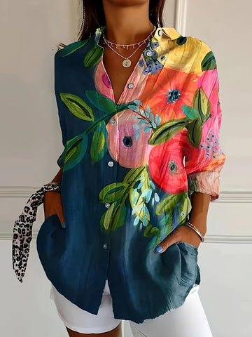 Casual Floral Print Blouse with Lapel Collar