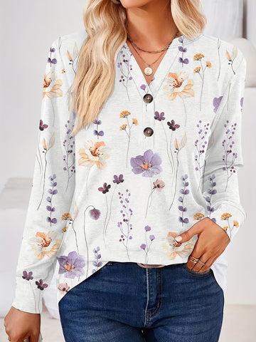 Floral Print V Neck Button T-Shirt, Casual Long Sleeve T-Shirt