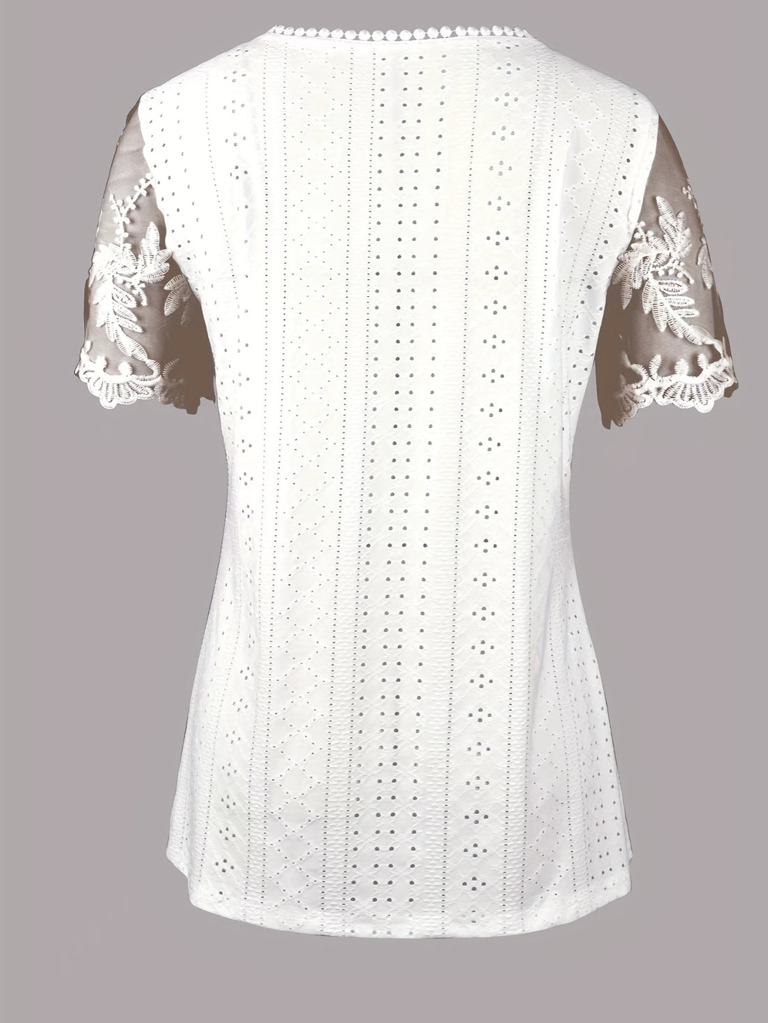 Solid Eyelet Square Neck Contrast Lace Top, Elegant Short Sleeve Top