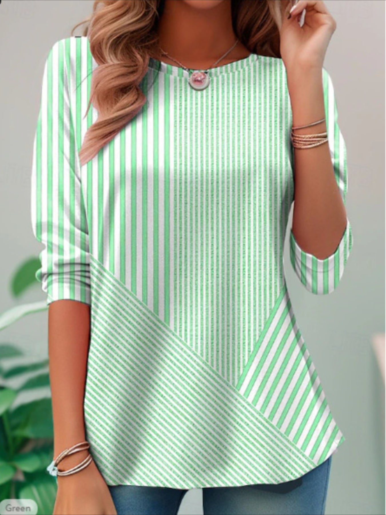 Graphic Geometric Striped Elegant Vintage Fashion Long Sleeve Crew Neck Regular Tops