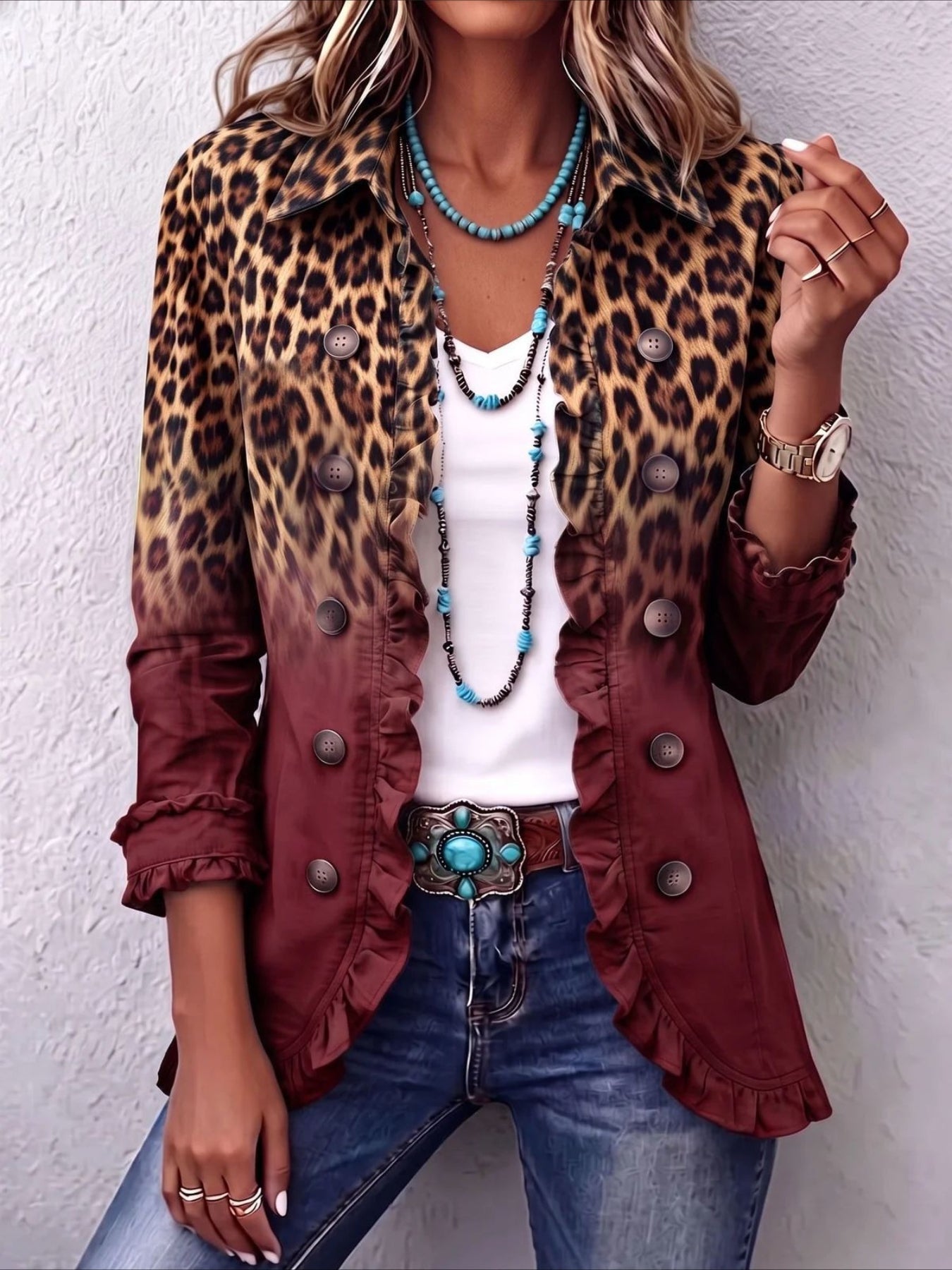 Leopard Pattern Print Long Sleeve Ruffle Edge Open Button Cardigan Coat