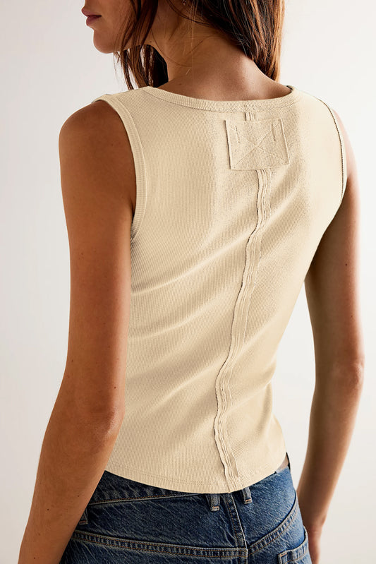 Beige Ribbed Exposed Seam Cropped Tank Top