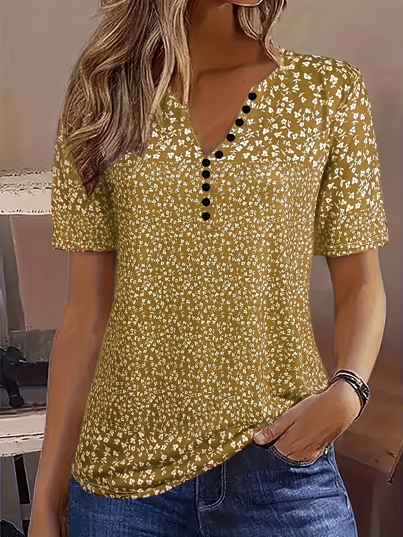 Allover Print Button Front V Neck Blouse, Casual Short Sleeve Top