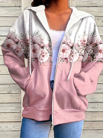 Casual Coat, Women's Ombre Floral Print Hooded Drawstring Long Sleeve Zip Up Medium Stretch Coat With Kangaroo Pockets