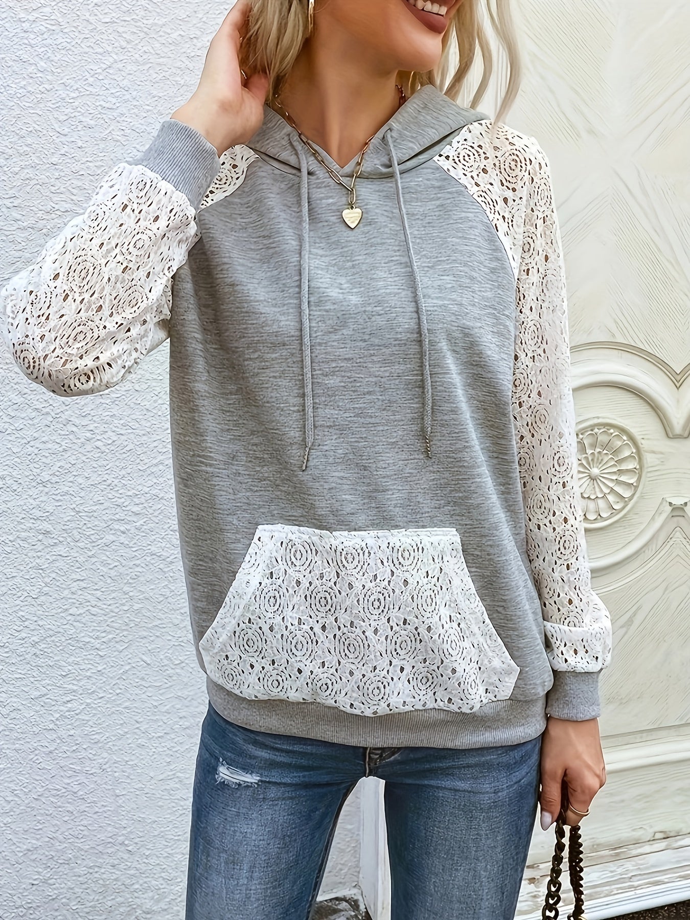 Lace Panel Kangaroo Pocket Hoodie, Casual Long Sleeve Drawstring Hoodie Sweatshirt