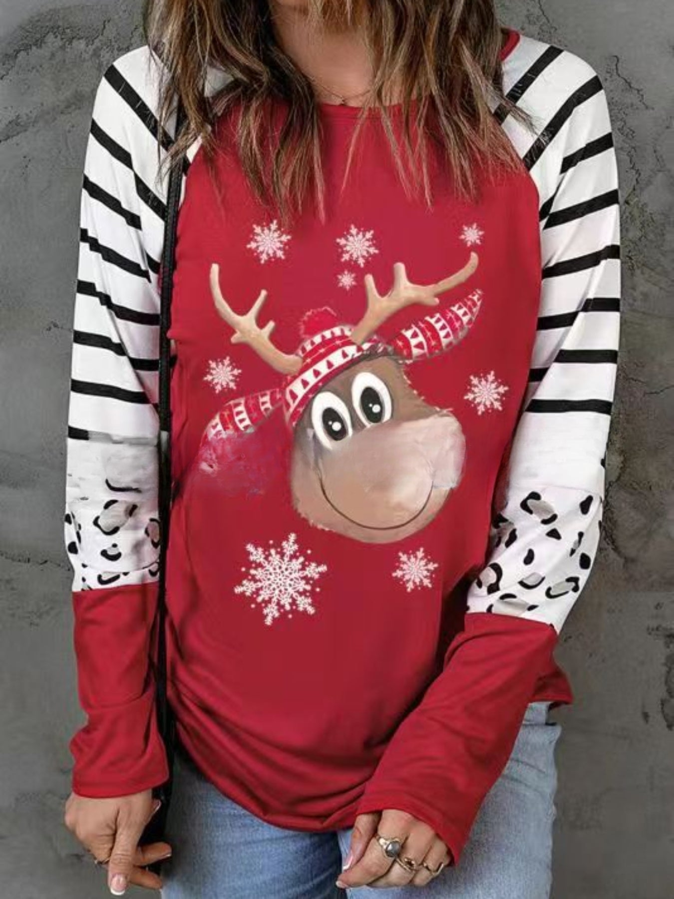 Snowman Pattern Crew Neck T-Shirt, Casual Long Sleeve Top