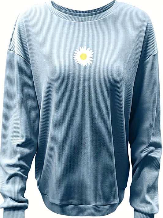 Drop Shoulder Floral Print T-Shirt, Casual Crew Neck Long Sleeve T-Shirt