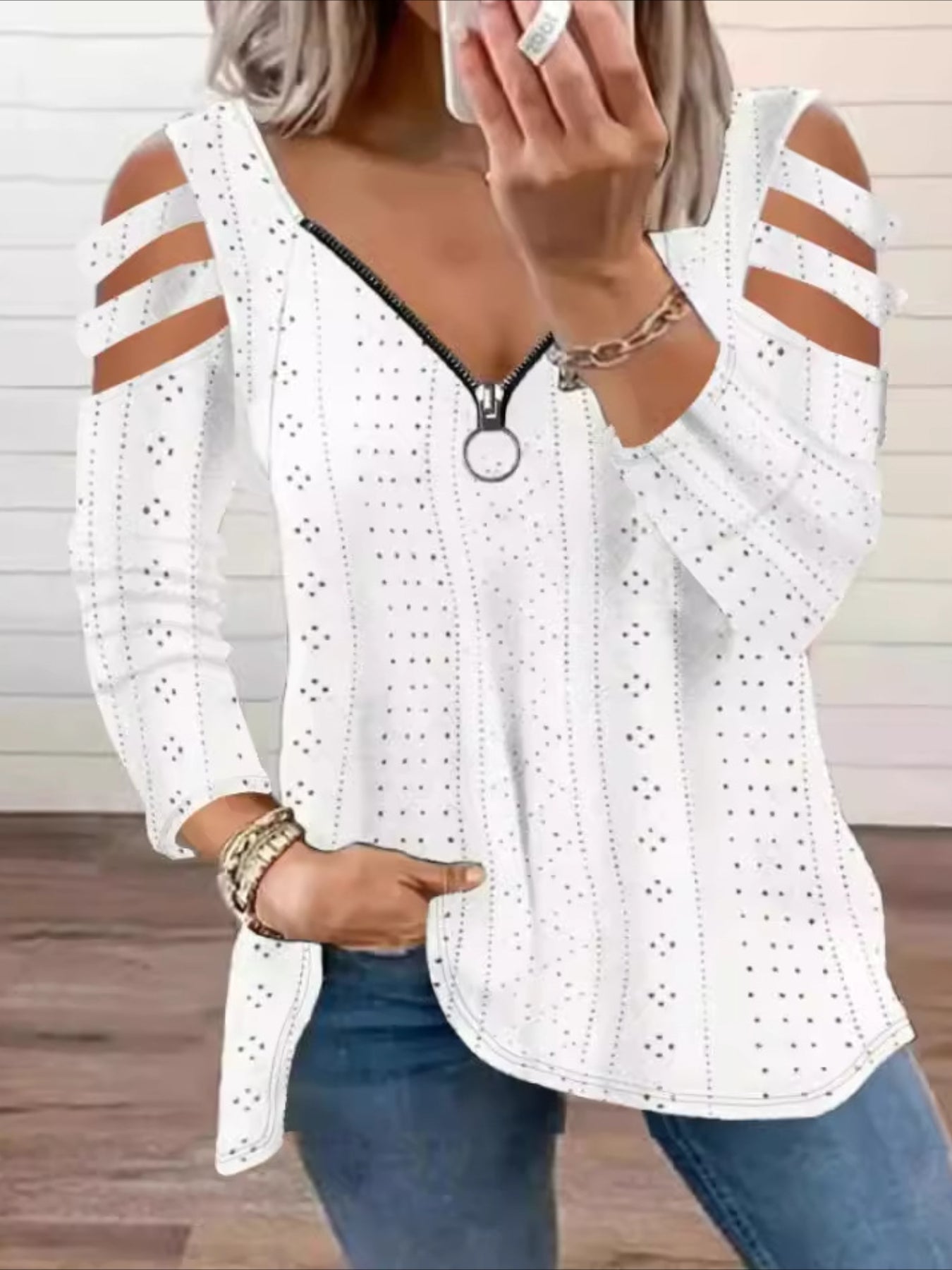 Eyelet Zipper T-Shirt, Casual Cut Out Short Sleeve Top