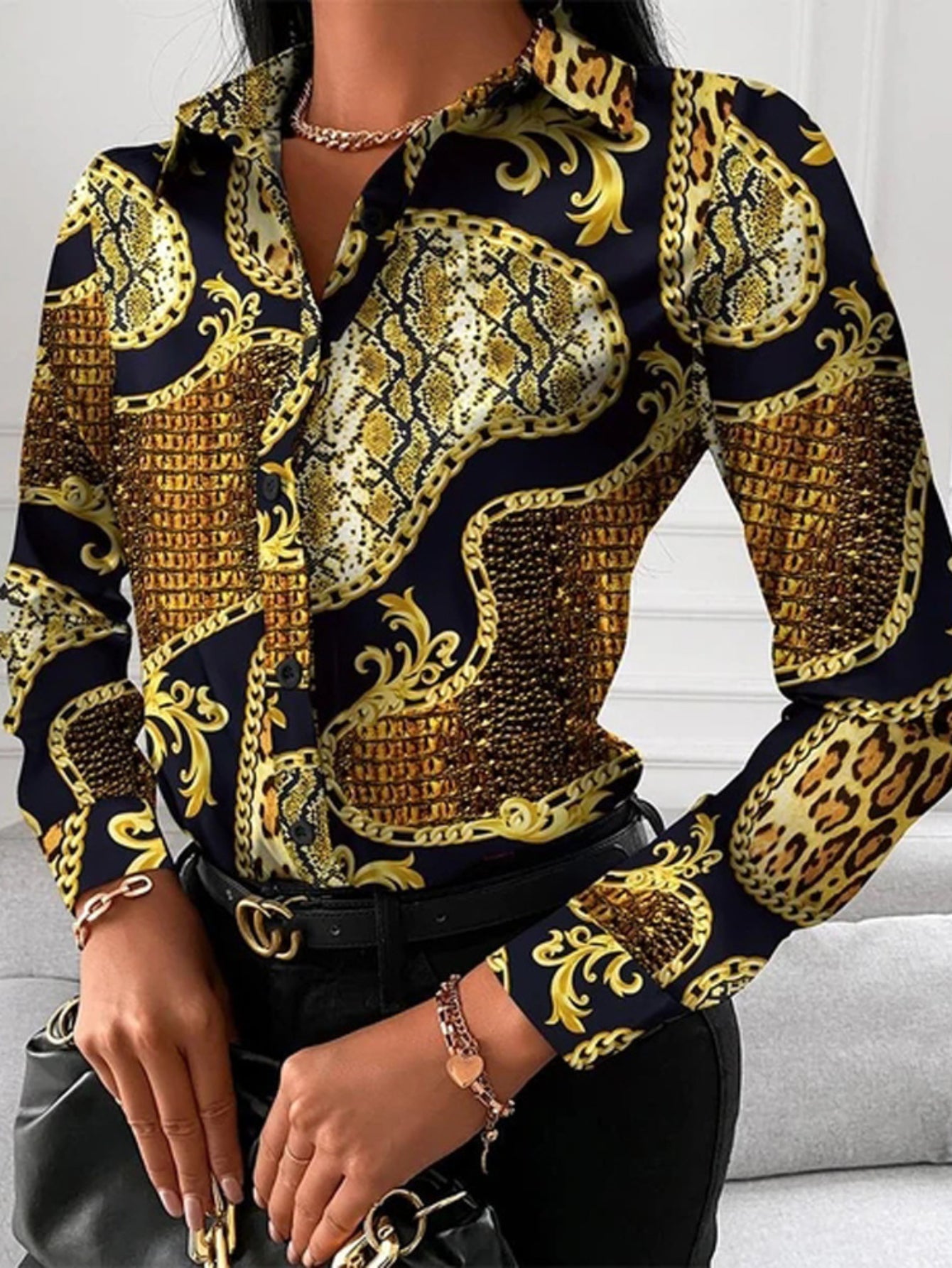 Women's Blouse V-neck Print Button Long Sleeve Loose Fall Blouse