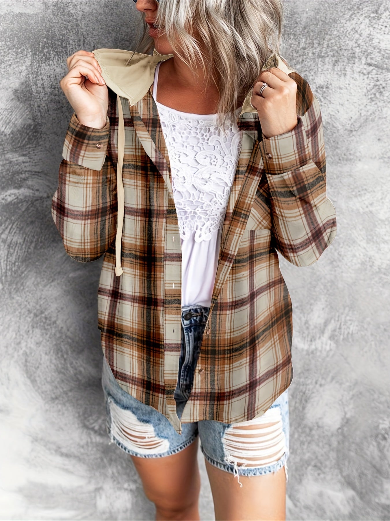 Plaid Print Hooded Shirt, Casual Long Sleeve Drawstring Shirt