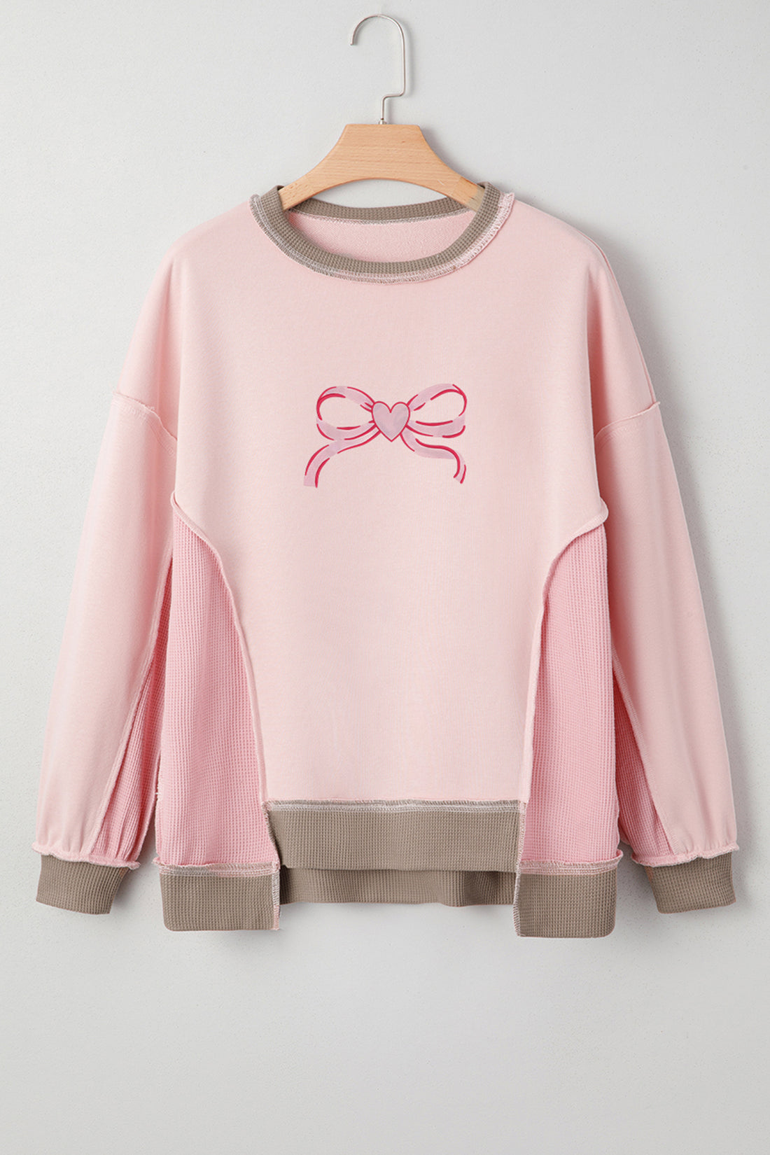 Light Pink Heart Bow Embroidered Exposed Seam Color Block Waffled Patchwork Sweatshirt