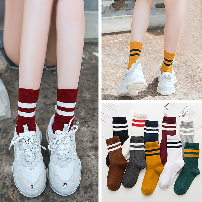 5/10 Pairs Solid Patched Stripes Crew Socks, Basic Sports Business Stockings