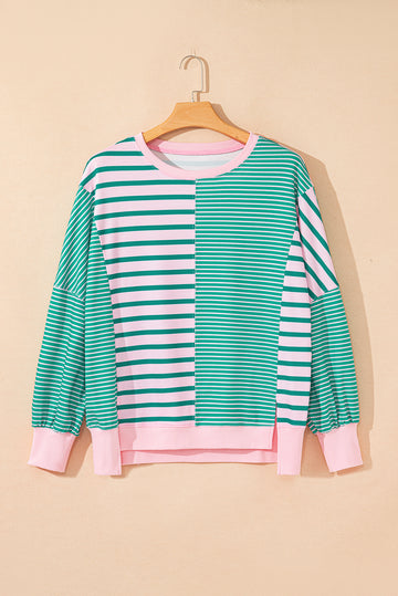 Green Stripe Mix Pattern Color Block Patchwork Side Slit Baggy Sweatshirt