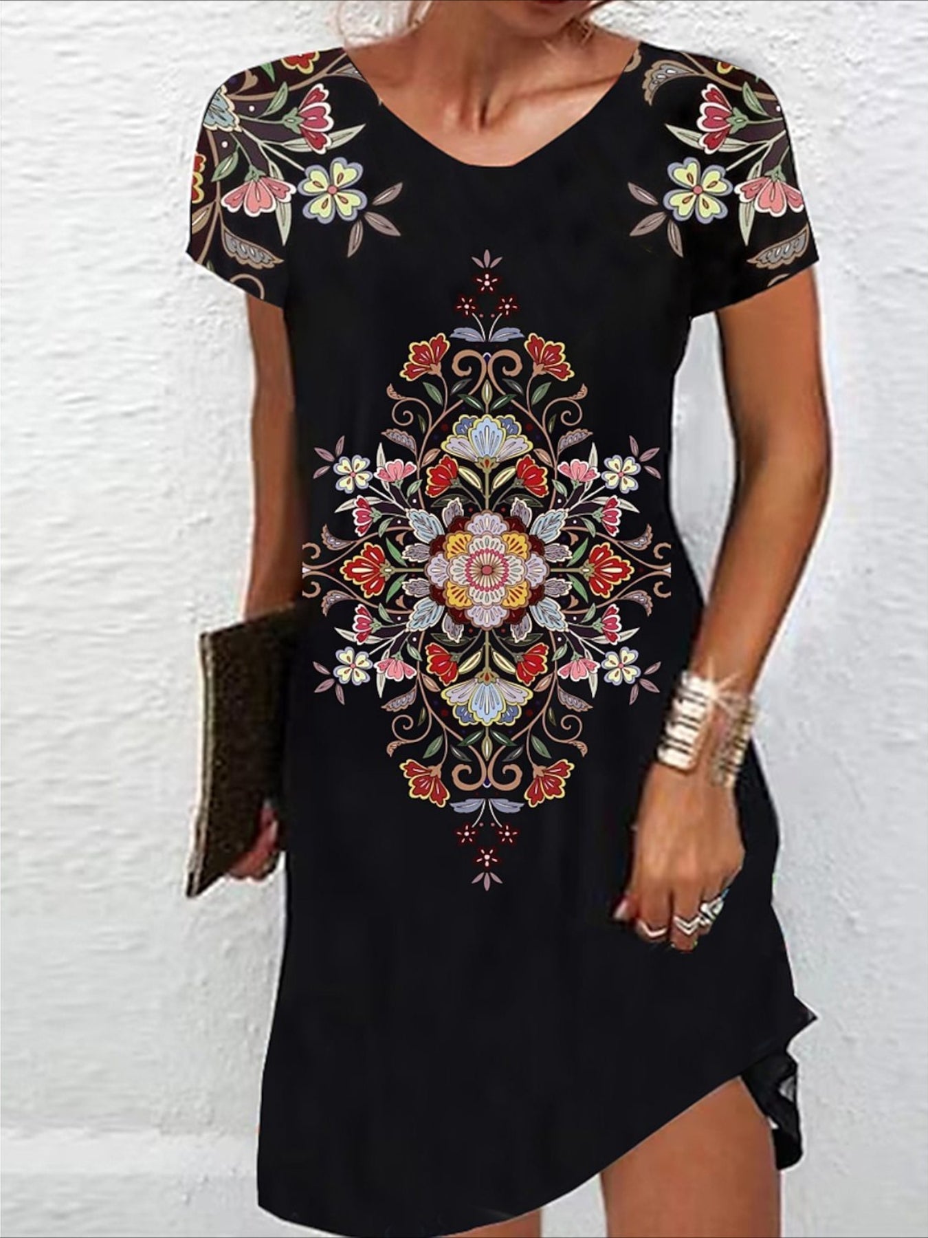 Floral Print Short Sleeve A-line Dress, Casual Crew Neck Above Knee Dress