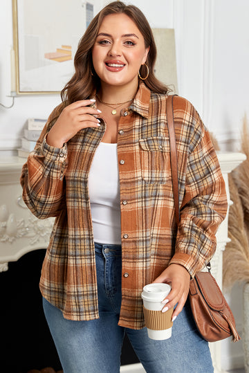 Brown Plaid Print Flap Pocket Buttoned Plus Size Shacket