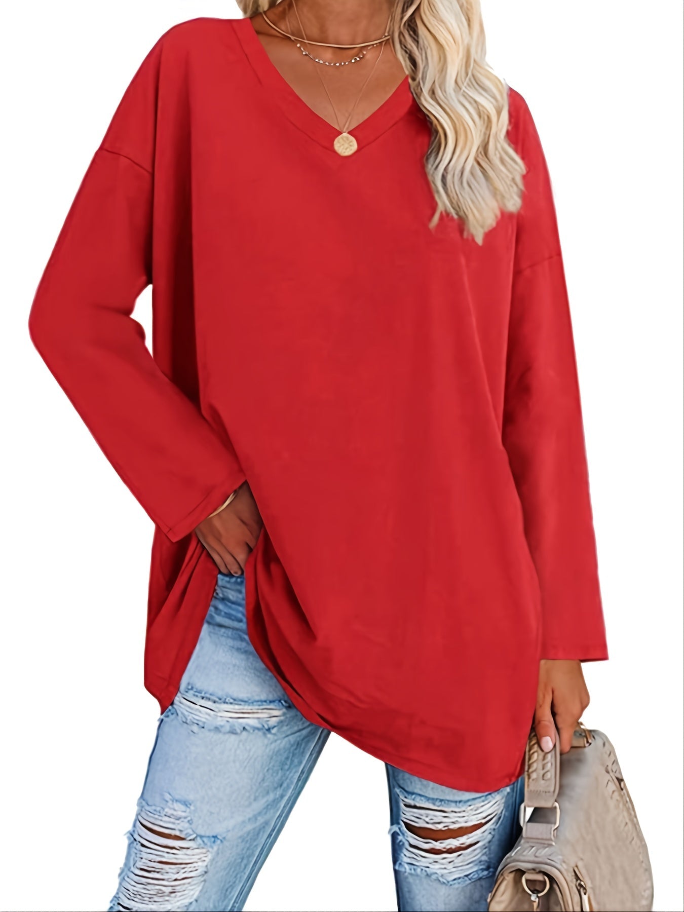 Women's Solid Color Oversized Tops, V-Neck Long Sleeve T-Shirts, Casual Loose Shirts