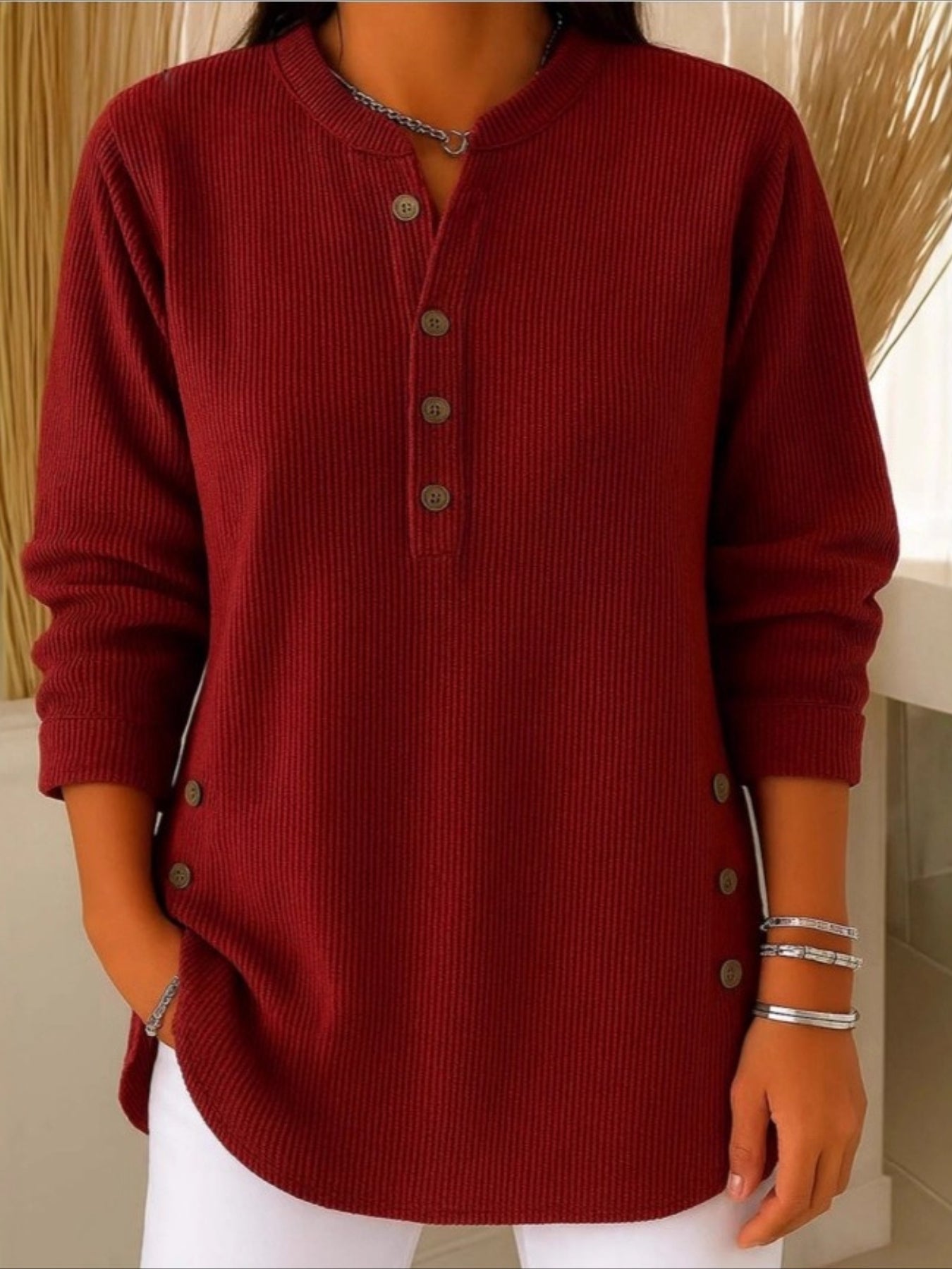 Corduroy Solid Color Loose Casual V-Neck Button Long Sleeve Top