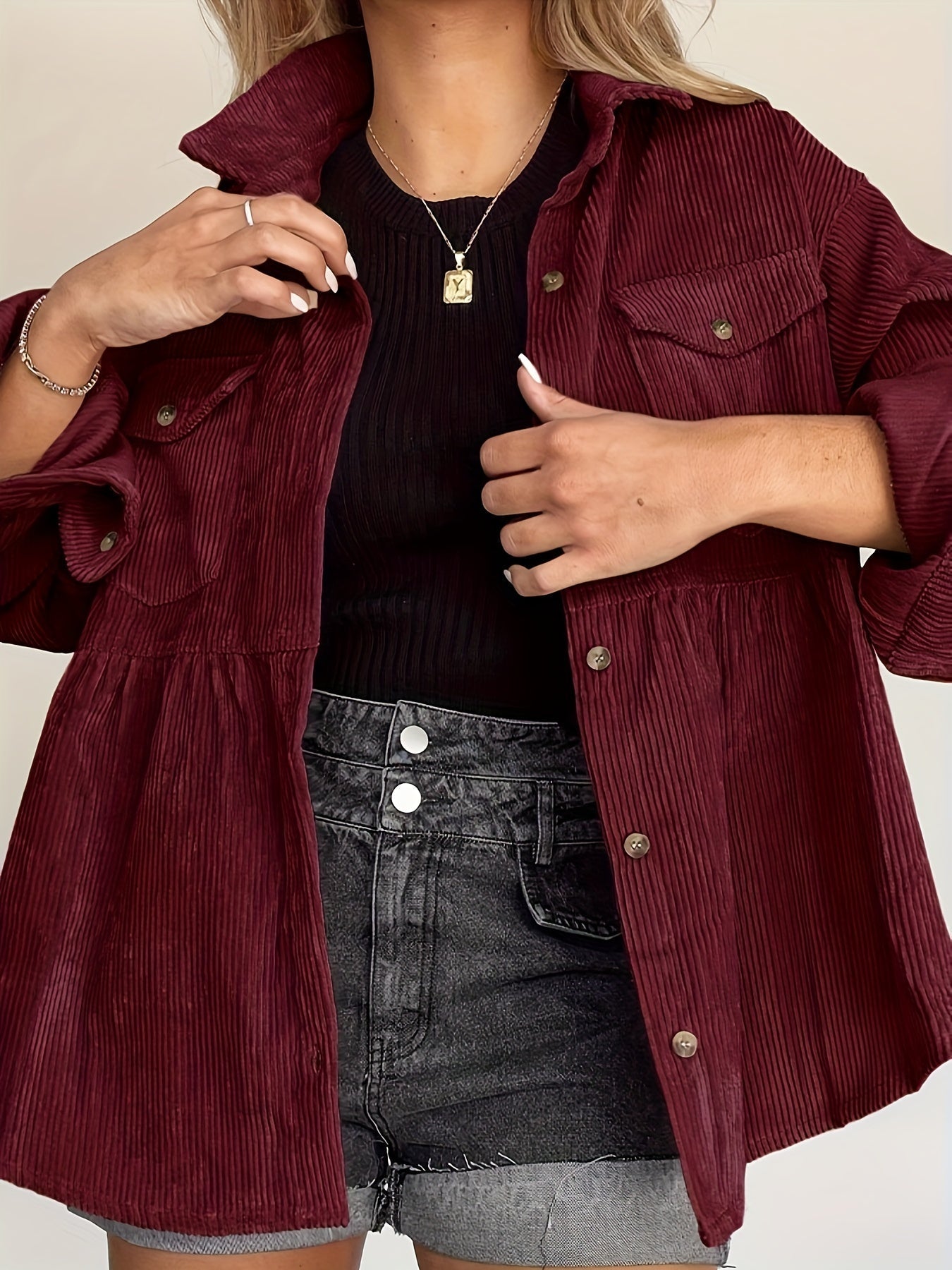 Corduroy Lapel Pocket Jacket, Casual Long Sleeve Button Down Fashion Single Breasted Loose Outerwear