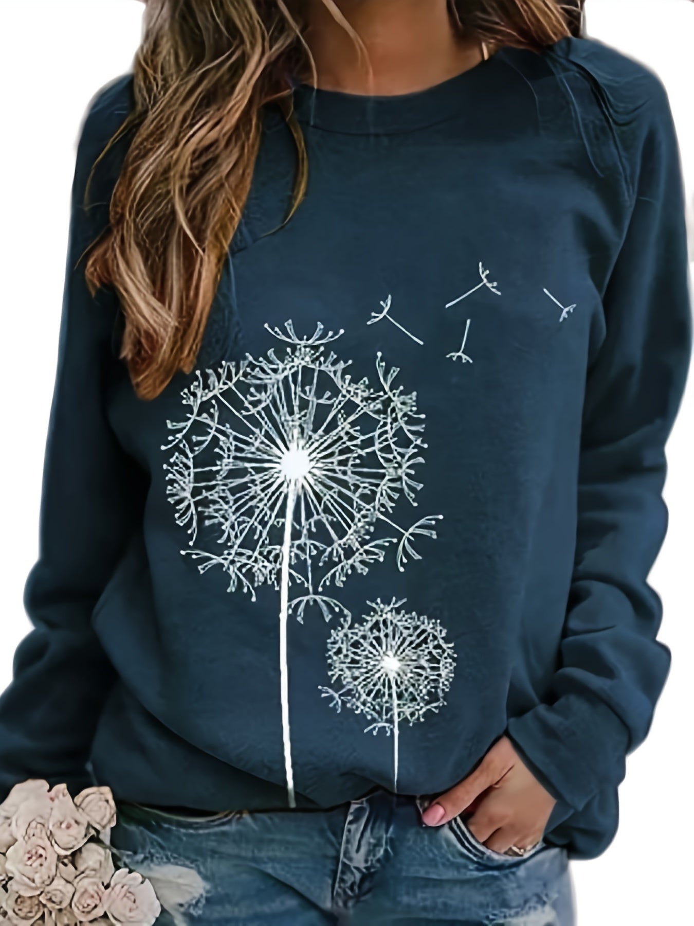 Dandelion Print Crew Neck T-shirt, Casual Loose Long Sleeve T-Shirts Tops