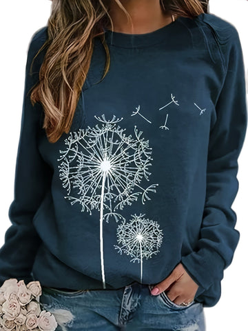 Dandelion Print Crew Neck T-shirt, Casual Loose Long Sleeve T-Shirts Tops