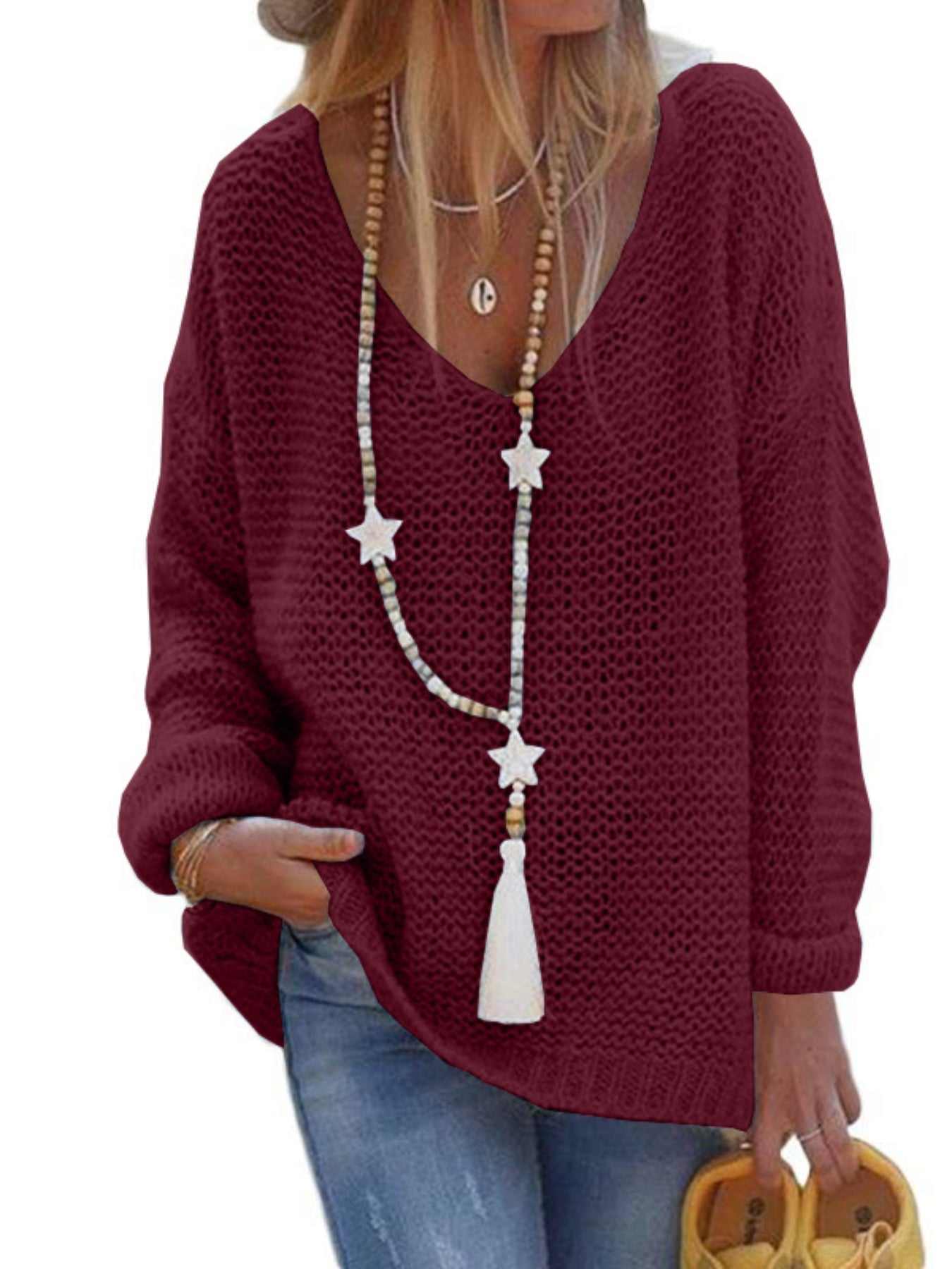 Solid V Neck Knitted Pullover Sweater, Casual Long Sleeve Sweater