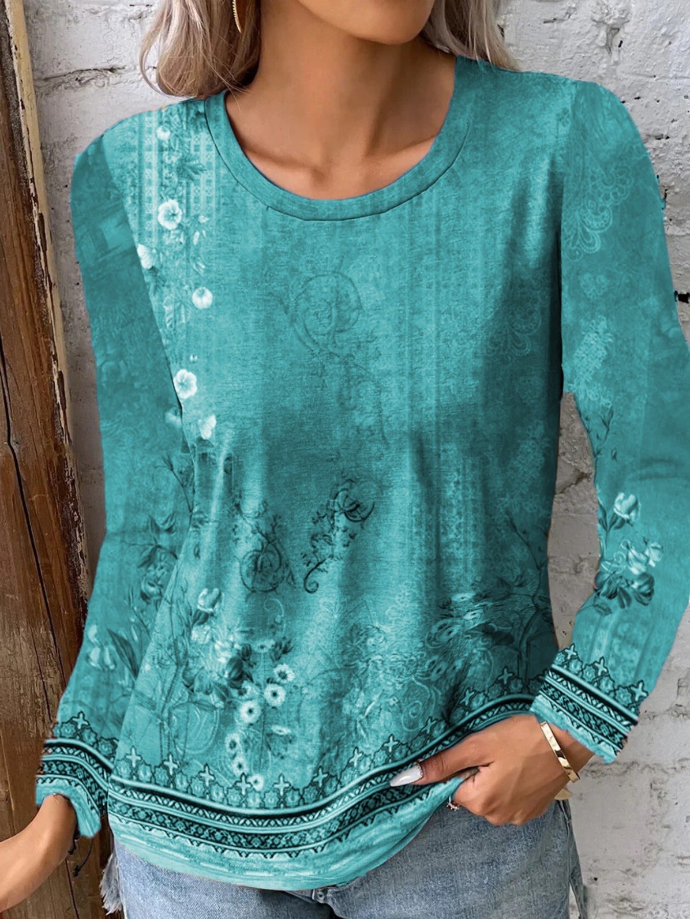 Floral Print Crew Neck T-Shirt, Casual Long Sleeve Top