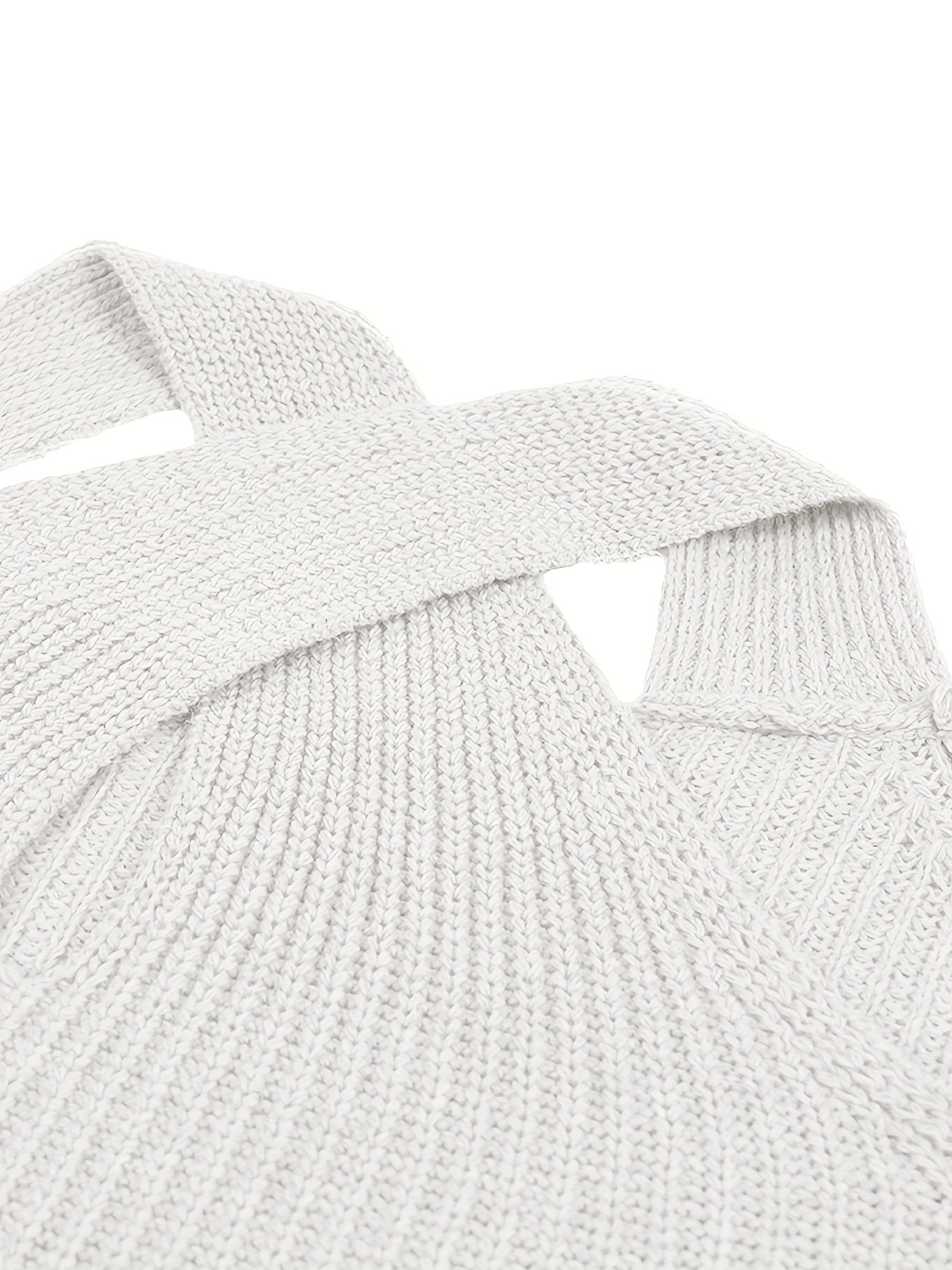 Criss Cross Neck Knitted Sweater, Elegant Cold Shoulder Long Sleeve Sweater