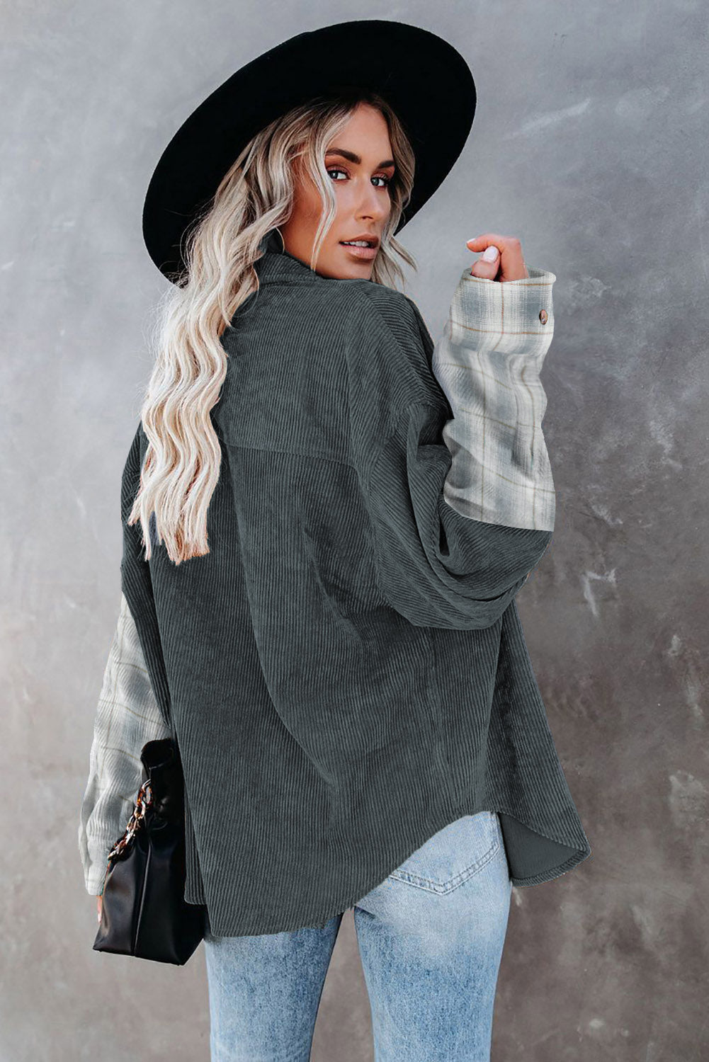 Gray Plaid Color Block Button-up Oversize Corduroy Shacket