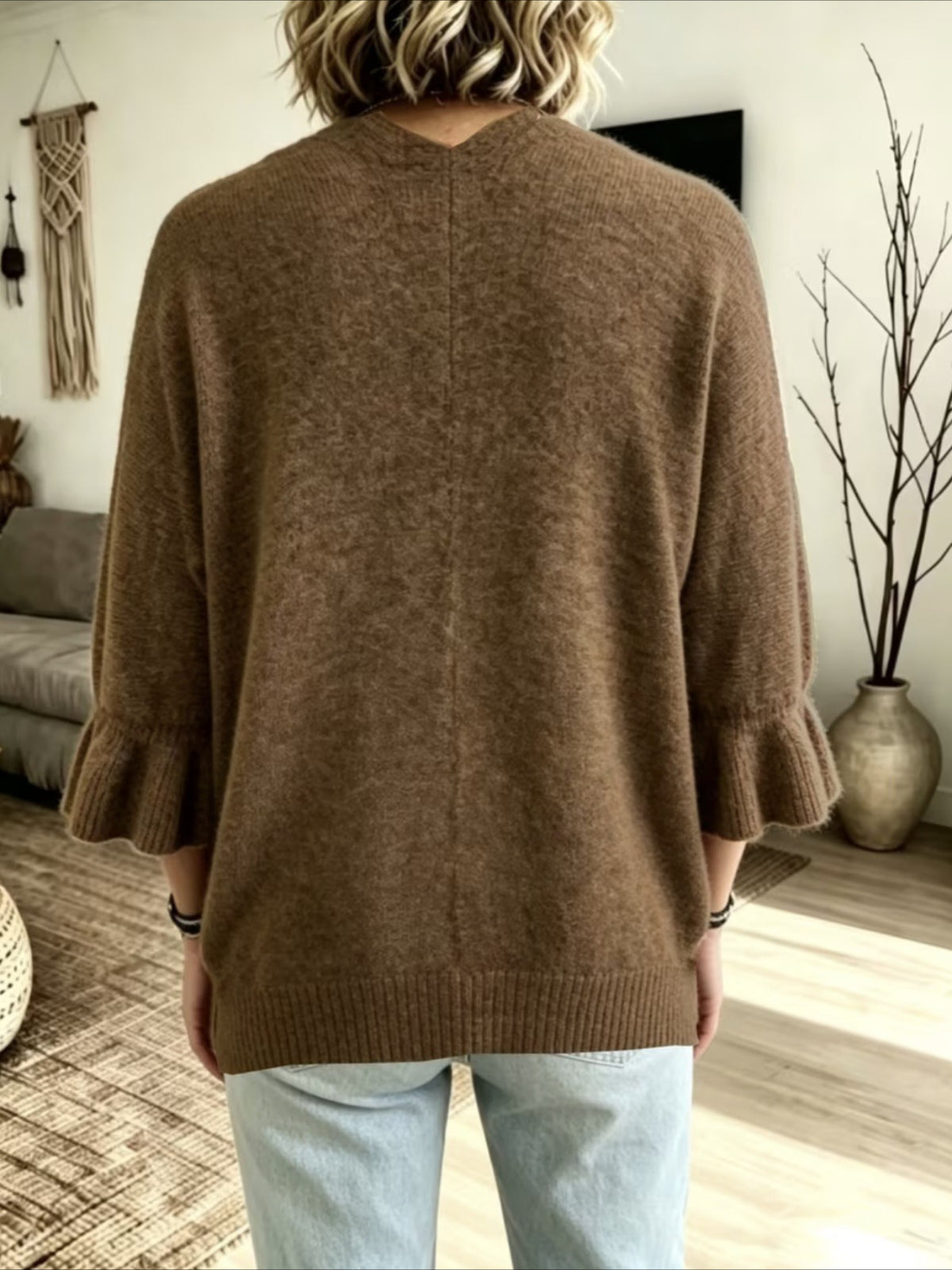 Open Front Ruffle Sleeve Knit Cardigan