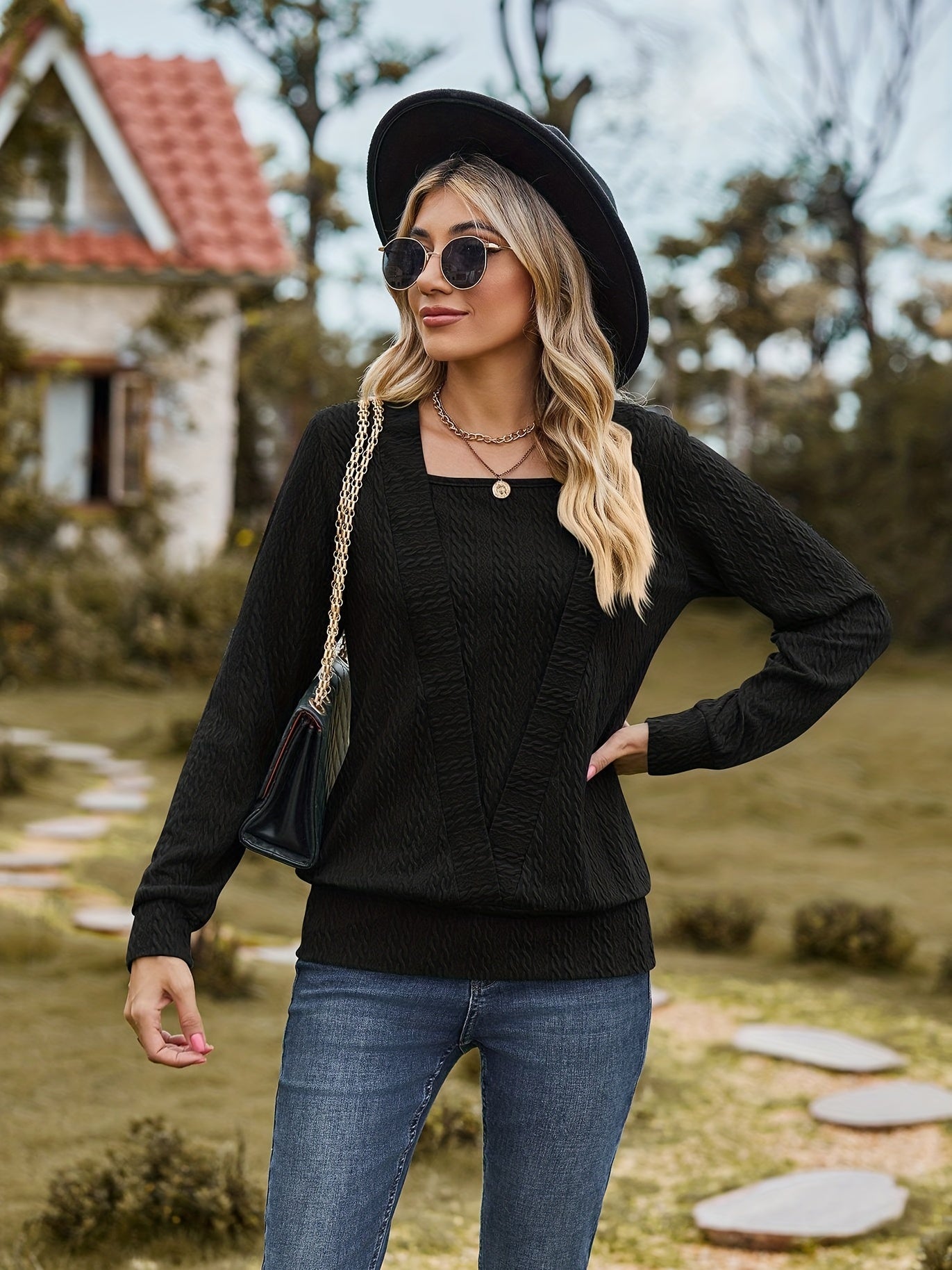 Women's Solid Cable Faux Twinset Long Sleeve Square Neck Slight Stretch T-shirt