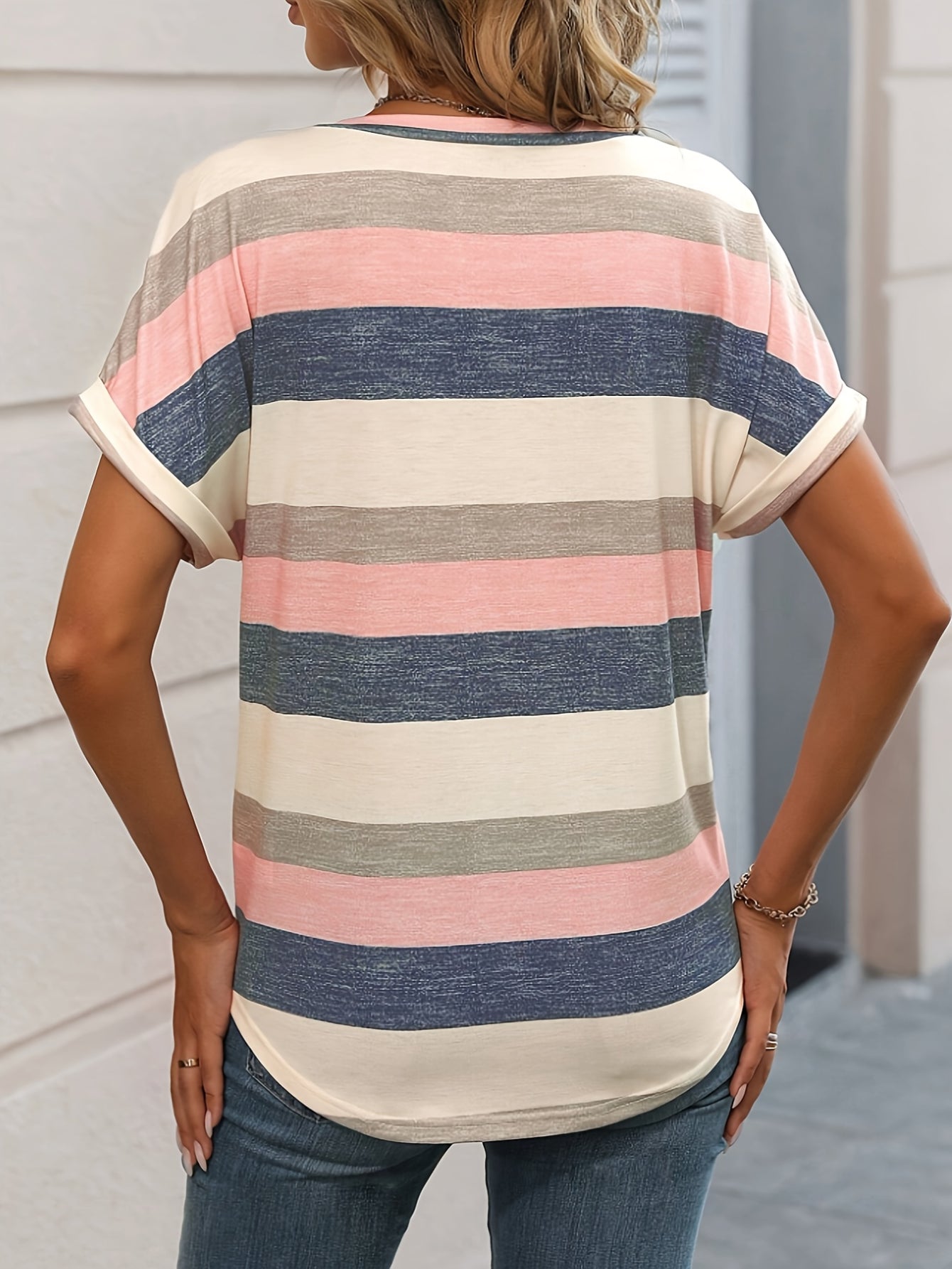 Stripe Print V Neck T-Shirt, Casual Short Sleeve T-Shirt