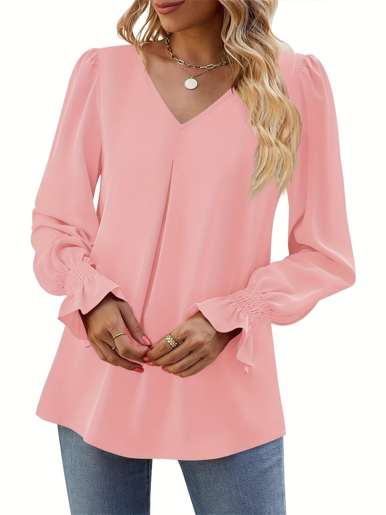 Solid V Neck Simple Blouse, Elegant Long Sleeve Ruched Blouse