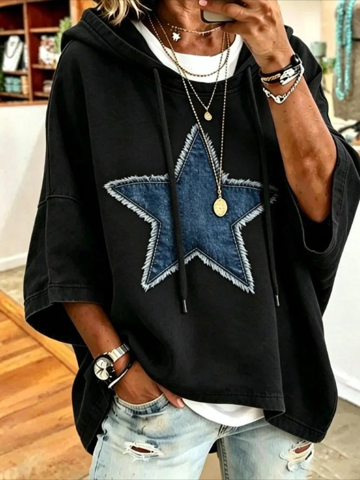 Casual Star Printing Half Sleeve Hoodie