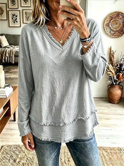 Solid Color Loose V Neck Beard Edge Long Sleeve T-shirt