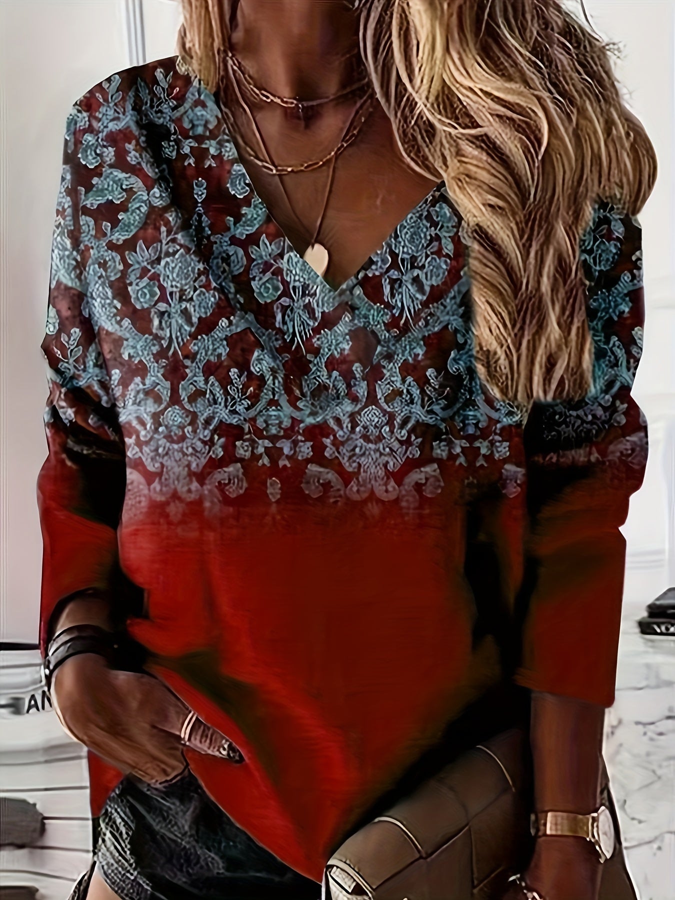 Floral Print Pullover Sweatshirt, Casual Long Sleeve V-neck Sweatshirt