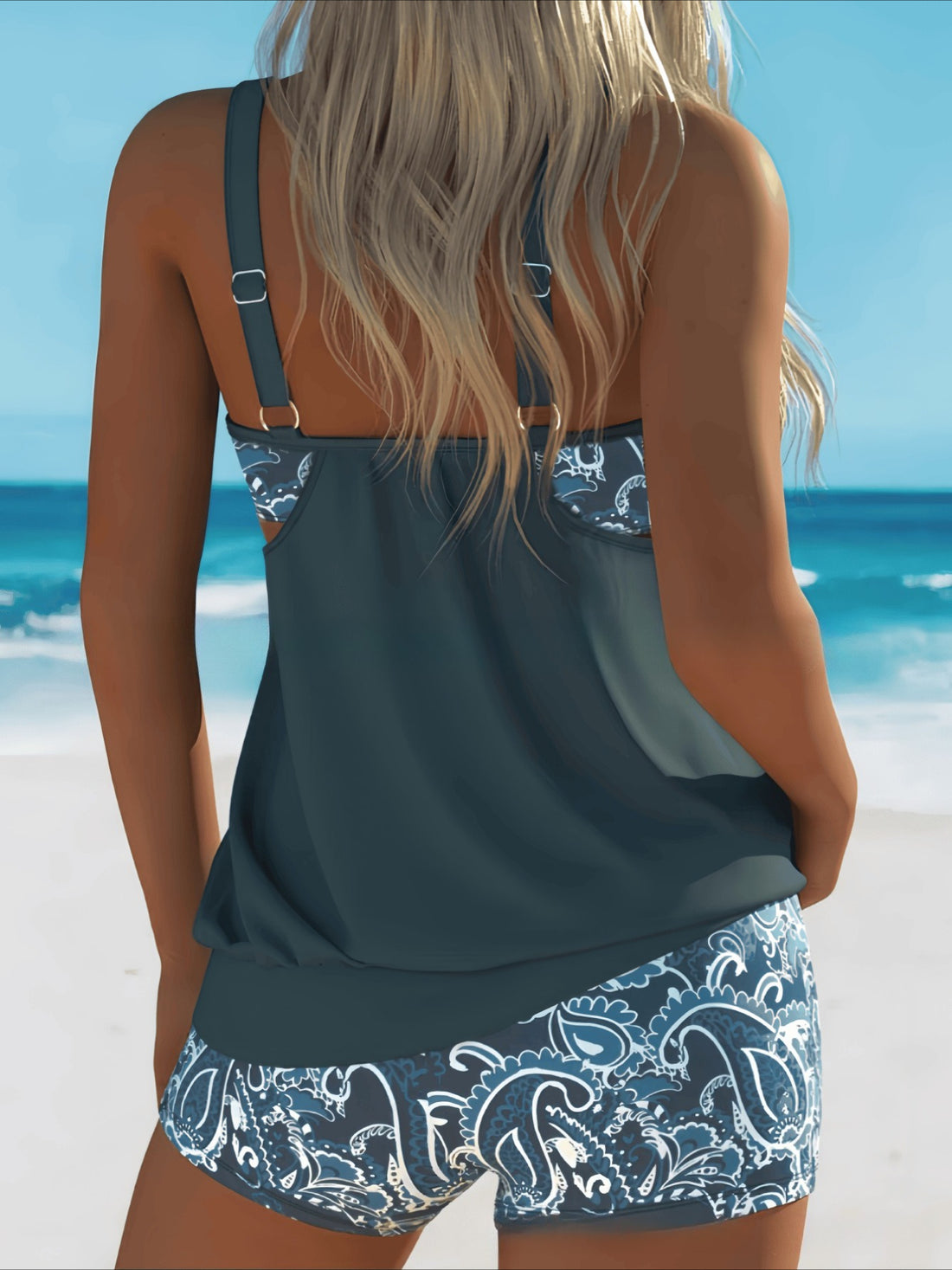 Floral High-Stretch Sleeveless Turquoise Tankini Set