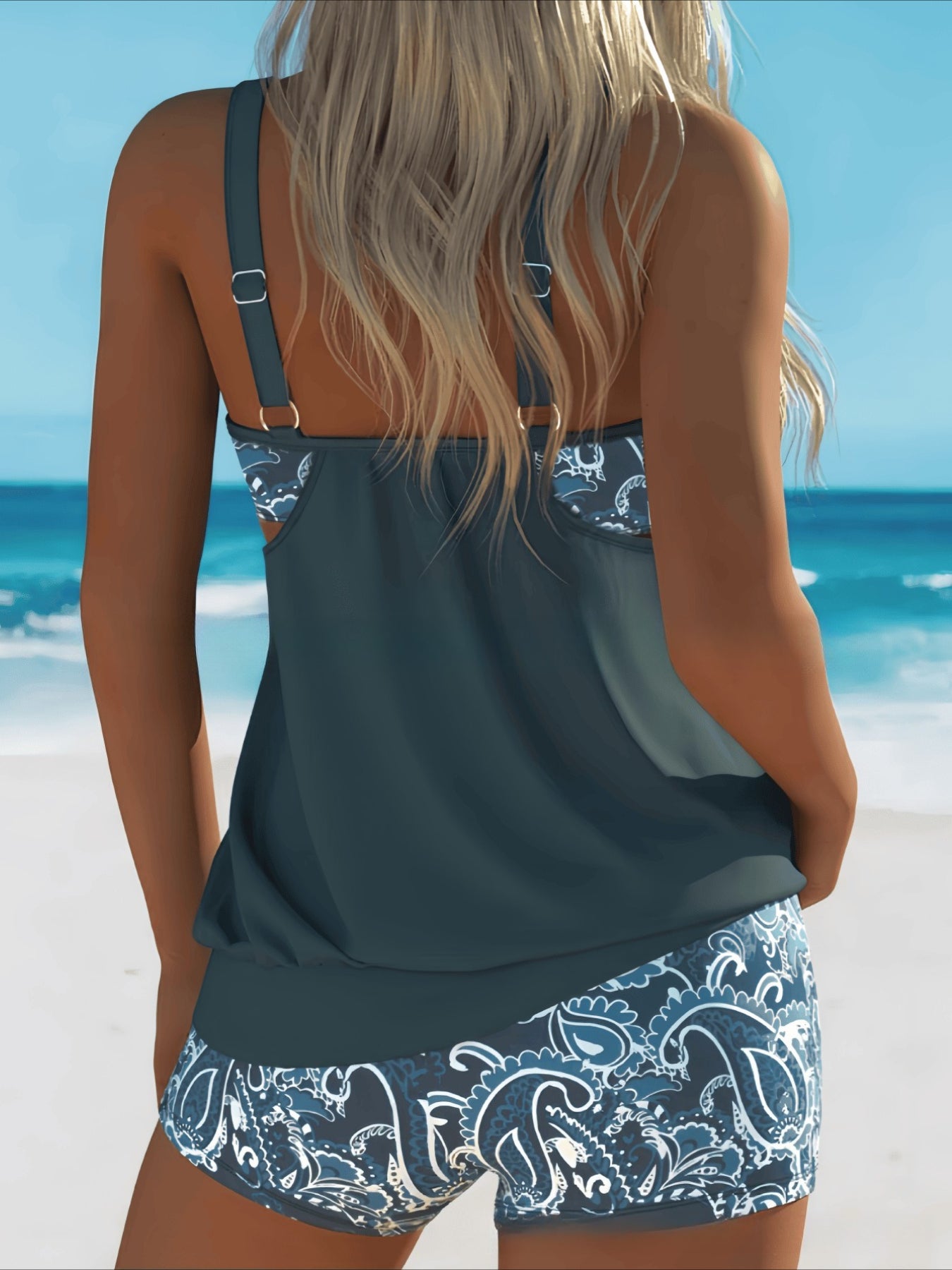 Floral High-Stretch Sleeveless Turquoise Tankini Set