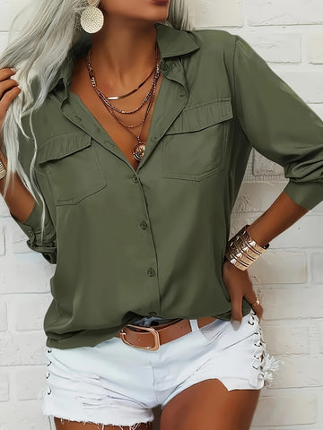 Solid Lapel Long Sleeves Button Down Shirt Top Casual Basic Office Blouse