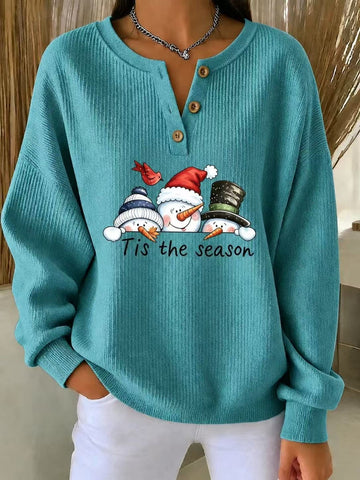 Christmas Themed Snowman Graphic Ribbed Henley Sweatshirt